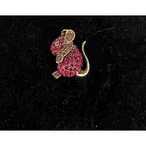 NWOT Cute Mouse Pet Sparkle Red Rhinestone Gold Tone Metal Pin Brooch